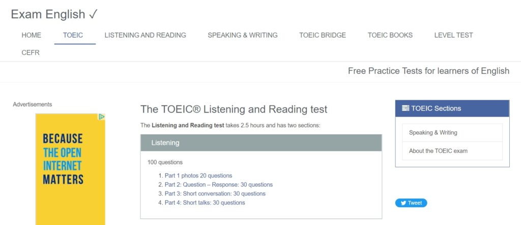 免費多益線上測驗推薦２：Exam English